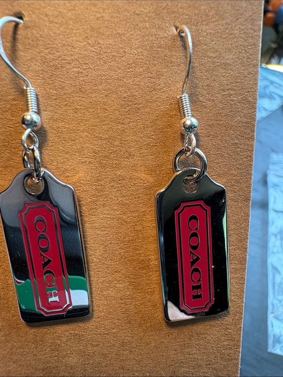 Coach Jewelry - COACH Silver Tone and Red Logo Tag Dangle Earrings